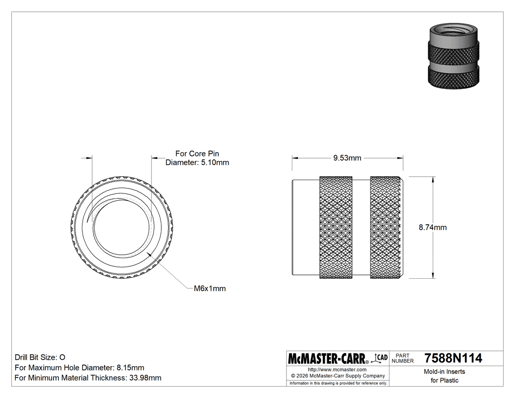 Technical Drawing of Mold-in Inserts for Plastic, Open End, 18-8 Stainless Steel, M6 x 1 mm Thread Size.